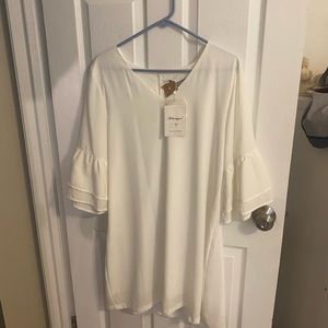 Belongsci Women's Dress Sweet & Cute V-Neck Bell Sleeve Shift Mini Dress